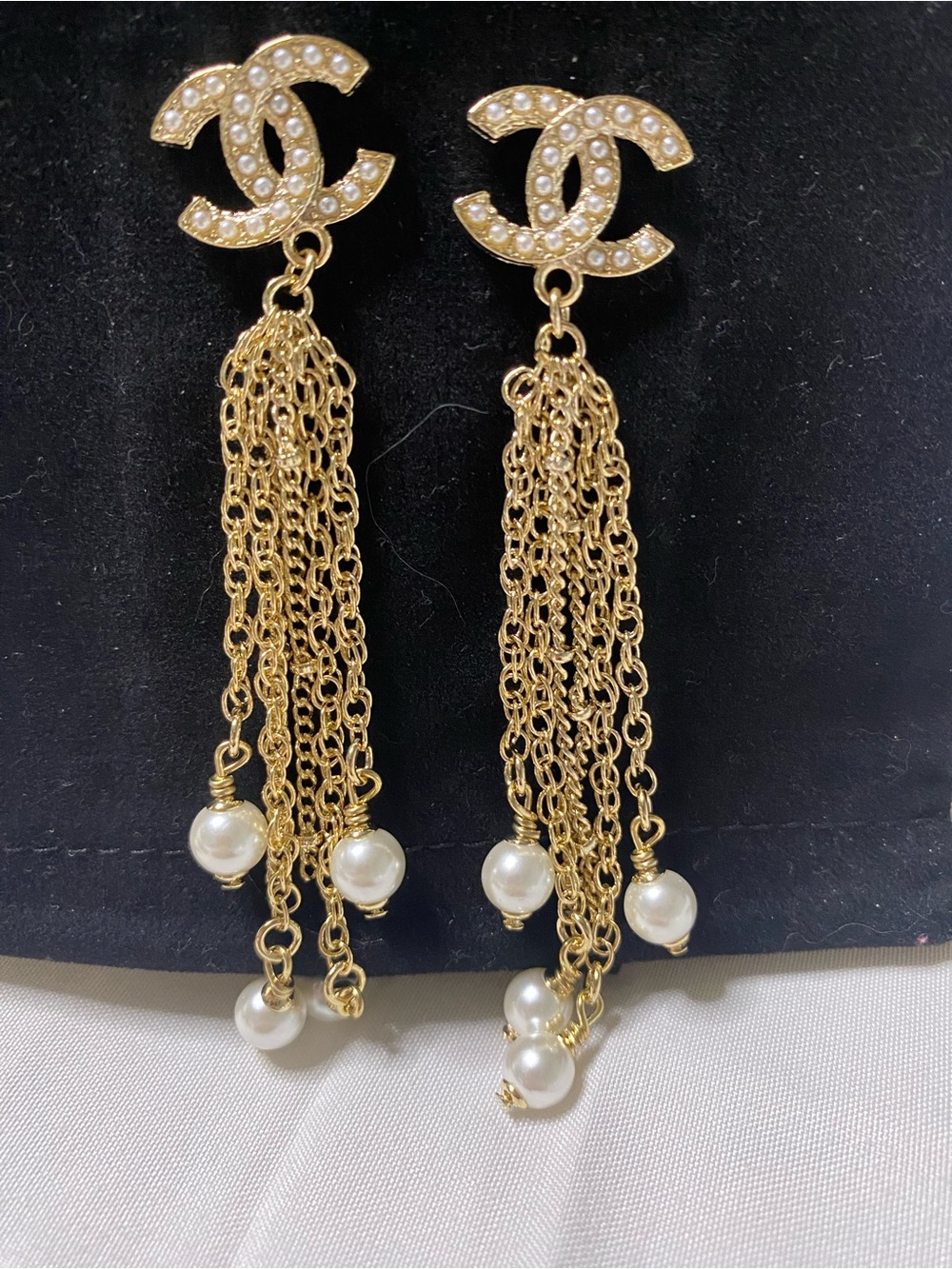 Double C Gold-Tone with Faux Pearl Accents Logo Drop earrings